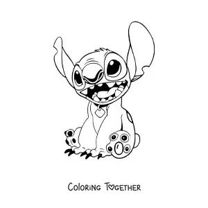 Coloring page of Stitch sitting and smiling while wearing a pet collar