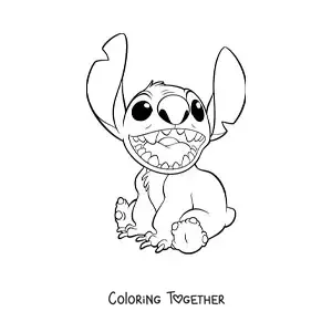 Coloring page of Stitch sitting and smiling