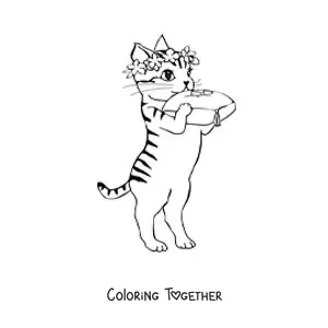 Coloring page of a cartoon cat with a flower crown carrying wedding rings on a cushion