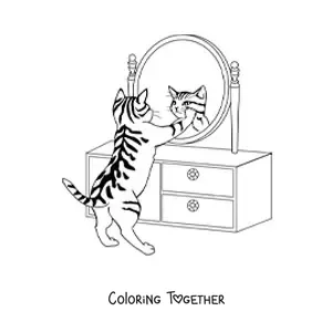 Coloring page of a cat looking at itself in a dressing table mirror