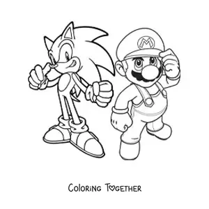 Coloring page of Sonic with Mario