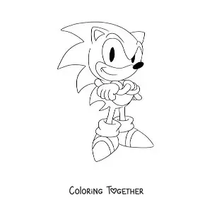 Coloring page of classic Sonic with his arms crossed