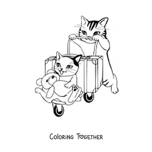 Coloring page of a cat pushing a luggage cart with a suitcase, another cat and a teddy bear