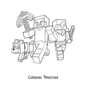 Coloring page of Alex and Steve from Minecraft walking with a dog