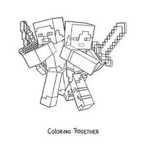 Coloring page of Alex and Steve from Minecraft fighting together