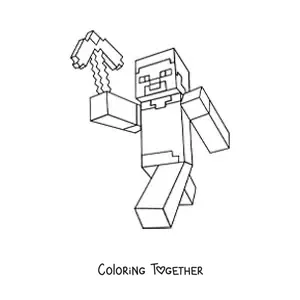 Coloring page of Steve from Minecraft walking and holding a pickaxe