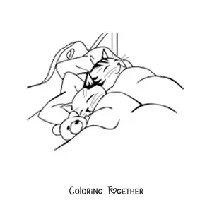 Coloring page of two cats sleeping in a bed next to a teddy bear