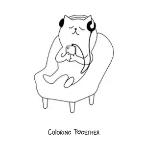 Coloring page of a cartoon cat sitting and listening to music with headphones