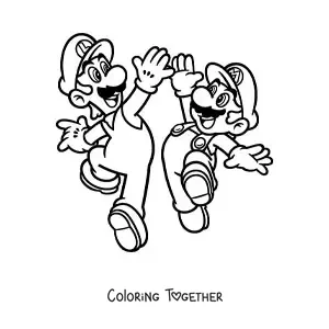 Coloring page of the brothers Mario and Luigi jumping and high-fiving