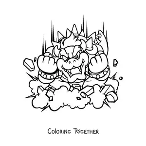 Coloring page of Bowser from Mario Bros attacking in battle