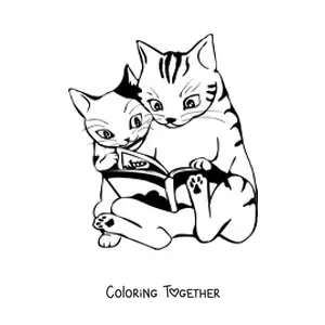 Coloring page of two cartoon cats sitting and reading a book