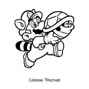 Coloring page of Raccoon Mario from Mario Bros with a shell