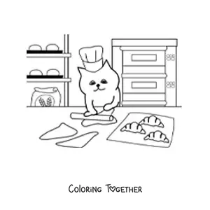 Coloring page of an animated baker cat cooking croissants