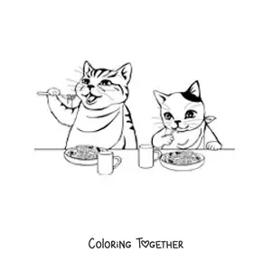Coloring page of two animated cats eating pasta with cutlery
