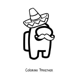 Coloring page of an Among Us crewmate with a Mexican sombrero