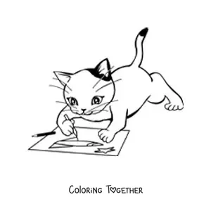 Coloring page of an animated cat drawing on a sheet of paper
