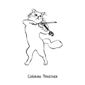 Coloring page of a cartoon cat playing the violin