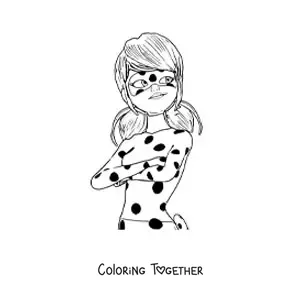 Coloring page of Marinette in her Ladybug suit with arms crossed