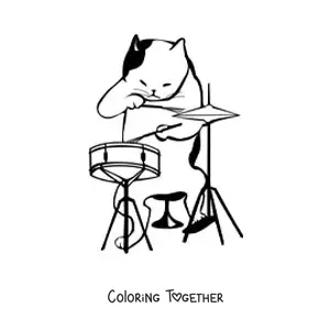 Coloring page of a cartoon cat playing the drums