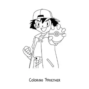 Coloring page of Ash Ketchum from Pokemon with a Poke Ball