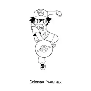 Coloring page of Ash Ketchum from Pokemon throwing a Poke Ball