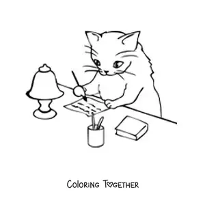 Coloring page of a cartoon cat writing a letter