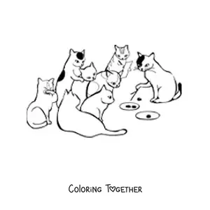 Coloring page of a gathering of cats hatching a plan