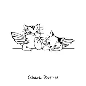 Coloring page of two cartoon cats with wings