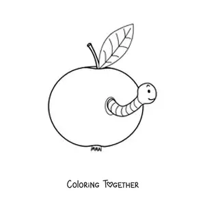 Coloring page of an apple with a cartoon worm