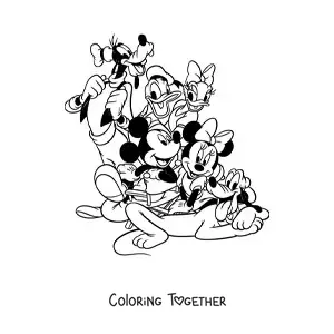 Coloring page of Mickey Mouse with his friends