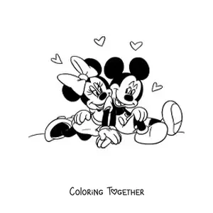 Coloring page of Mickey and Minnie sitting together surrounded by hearts