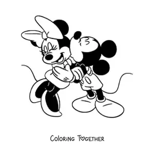 Coloring page of Mickey kissing Minnie on the cheek