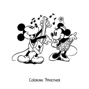 Coloring page of Mickey playing the guitar and Minnie dancing