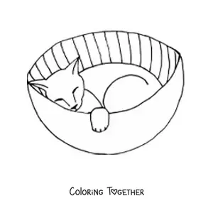 Coloring page of a cat sleeping in a cat bed