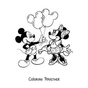 Coloring page of Mickey giving balloons to Minnie
