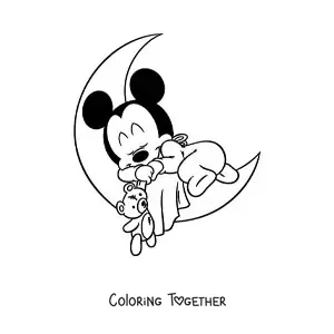 Coloring page of baby Mickey sleeping on a moon holding a teddy bear