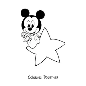 Coloring page of baby Mickey sitting on a star