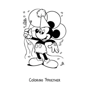 Coloring page of a happy Mickey holding several birthday balloons