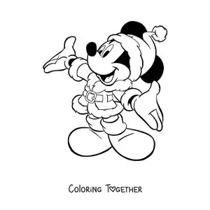 Coloring page of Mickey Mouse dressed as Santa Claus