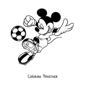 Coloring page of Mickey kicking a soccer ball