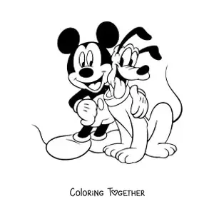 Coloring page of Mickey hugging Pluto