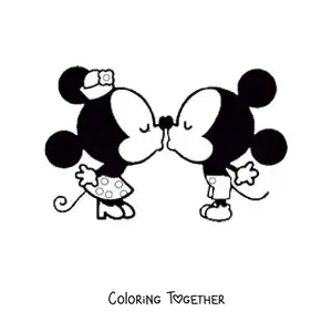 Coloring page of kawaii Mickey kissing Minnie
