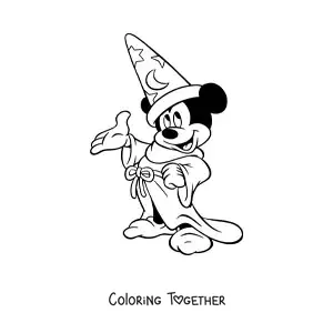 Coloring page of Mickey dressed as a sorcerer