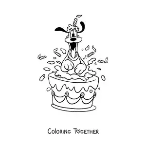 Coloring page of Pluto popping out of a birthday cake