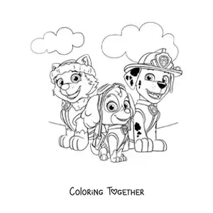Coloring page of Everest, Skye, and Marshall from Paw Patrol