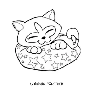 Coloring page of a Siamese cat sleeping in a bed with a star pattern