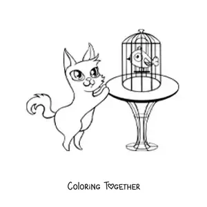 Coloring page of a cartoon cat looking at a bird in its cage on a table
