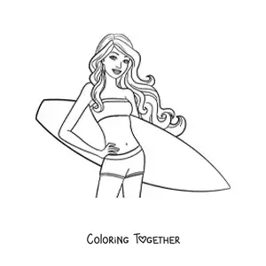 Coloring page of Barbie at the beach with a surfboard