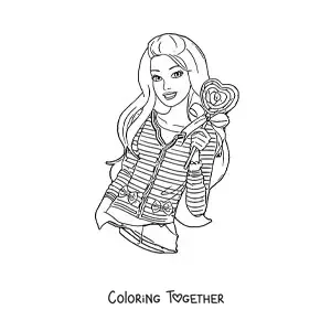 Coloring page of Barbie holding a heart-shaped lollipop