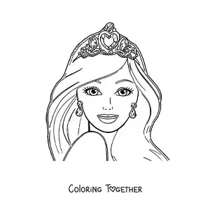 Coloring page of Barbie's face with a princess crown